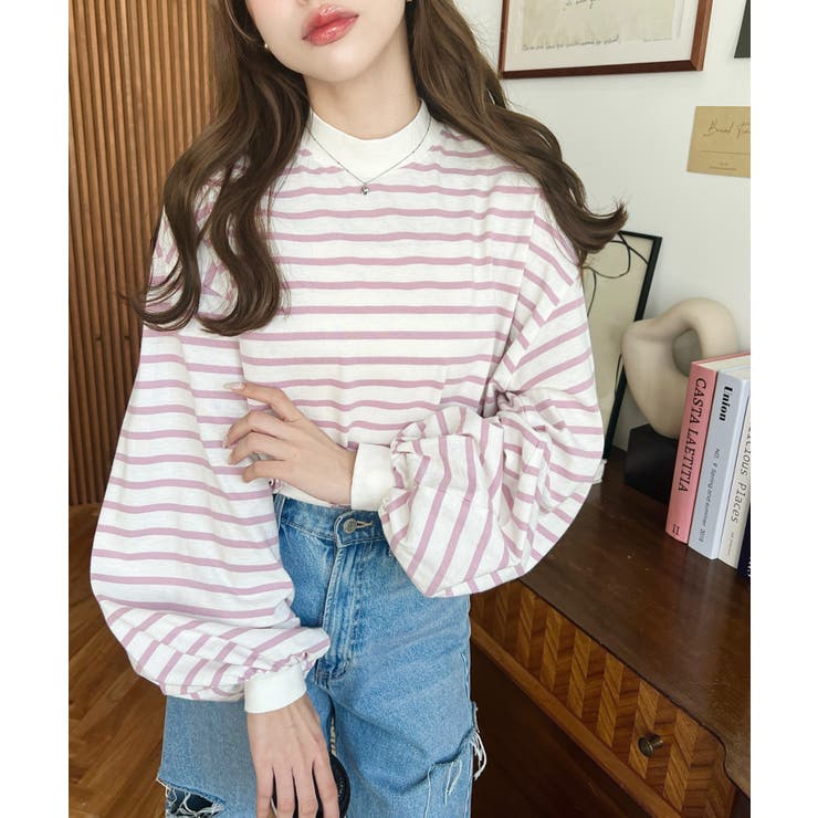 無地＆ボーダー モックネックボリュームスリーブロンT 綿100％ | moment+ | 詳細画像23 