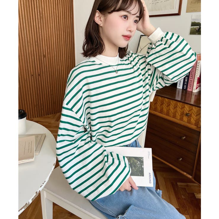 無地＆ボーダー モックネックボリュームスリーブロンT 綿100％ | moment+ | 詳細画像24 