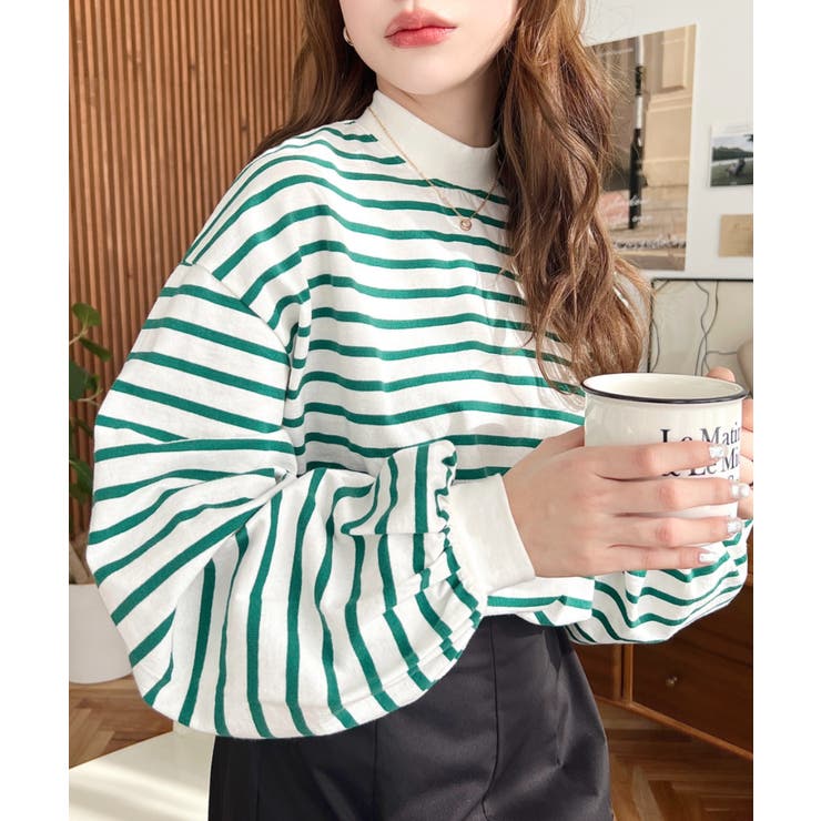 無地＆ボーダー モックネックボリュームスリーブロンT 綿100％ | moment+ | 詳細画像26 