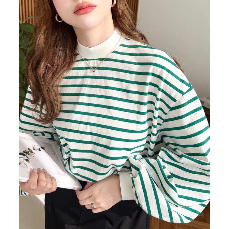 無地＆ボーダー モックネックボリュームスリーブロンT 綿100％ | moment+ | 詳細画像27 