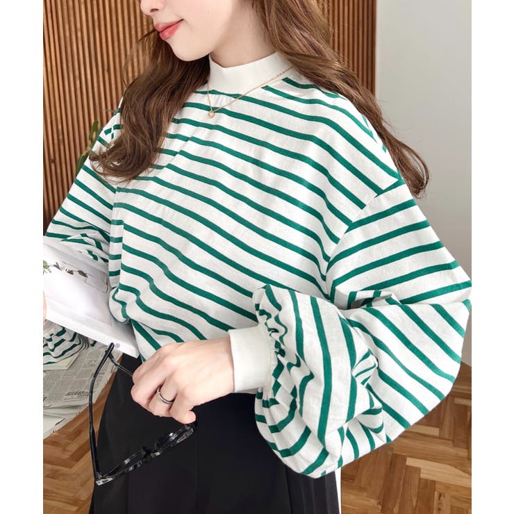 無地＆ボーダー モックネックボリュームスリーブロンT 綿100％ | moment+ | 詳細画像28 