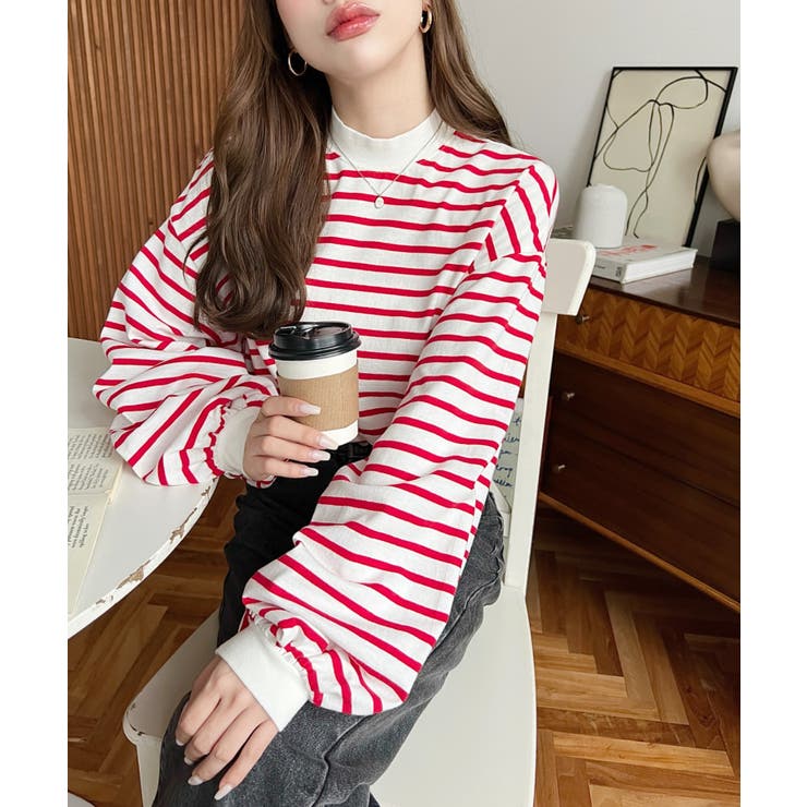 無地＆ボーダー モックネックボリュームスリーブロンT 綿100％ | moment+ | 詳細画像29 