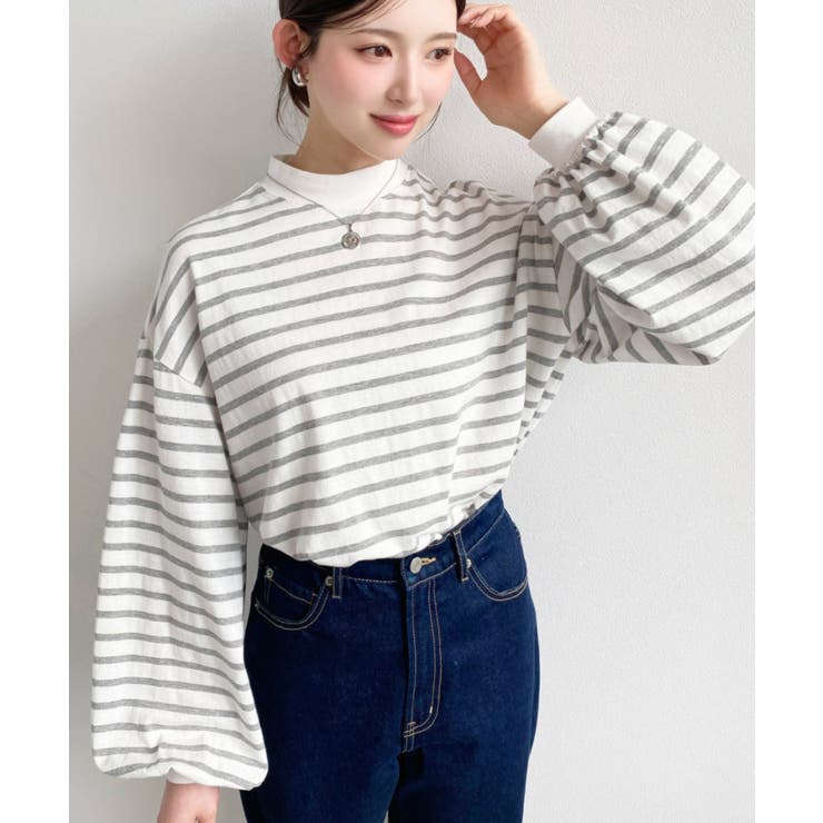 無地＆ボーダー モックネックボリュームスリーブロンT 綿100％ | moment+ | 詳細画像3 