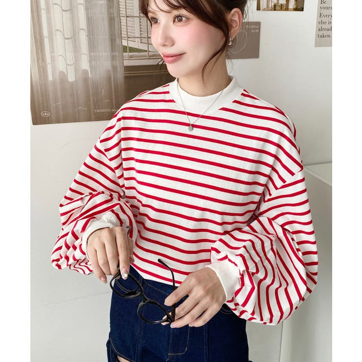 無地＆ボーダー モックネックボリュームスリーブロンT 綿100％ | moment+ | 詳細画像32 