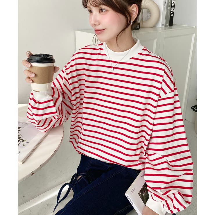 無地＆ボーダー モックネックボリュームスリーブロンT 綿100％ | moment+ | 詳細画像33 