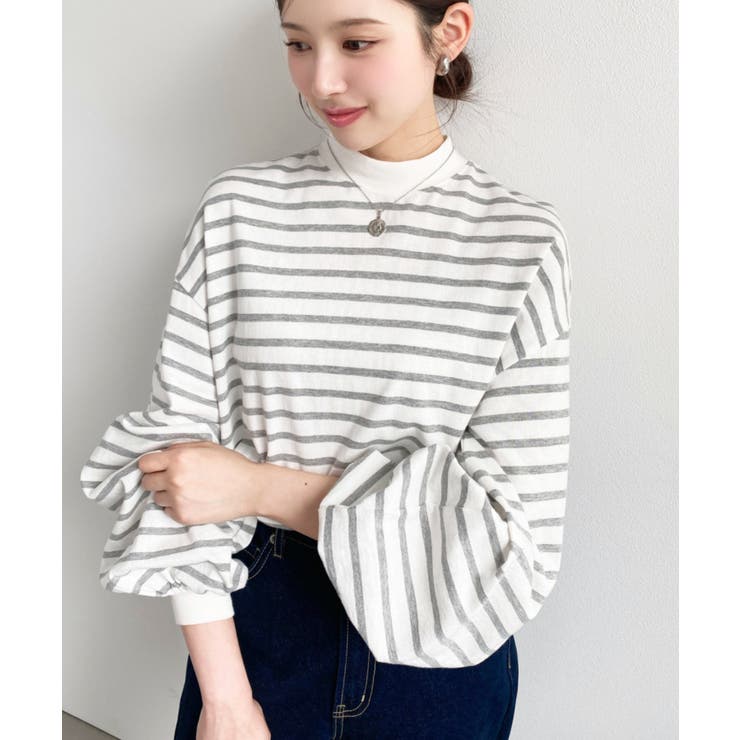 無地＆ボーダー モックネックボリュームスリーブロンT 綿100％ | moment+ | 詳細画像4 