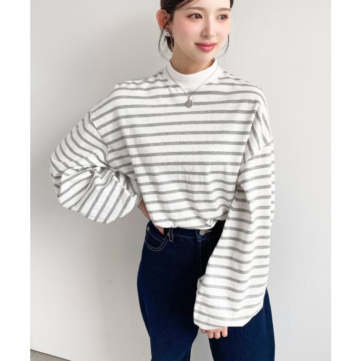 無地＆ボーダー モックネックボリュームスリーブロンT 綿100％ | moment+ | 詳細画像5 