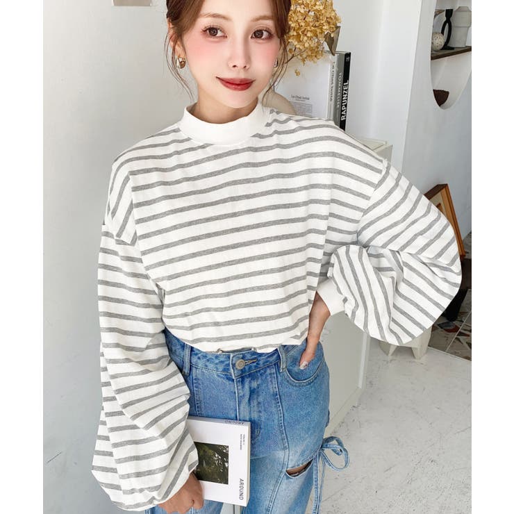 無地＆ボーダー モックネックボリュームスリーブロンT 綿100％ | moment+ | 詳細画像6 