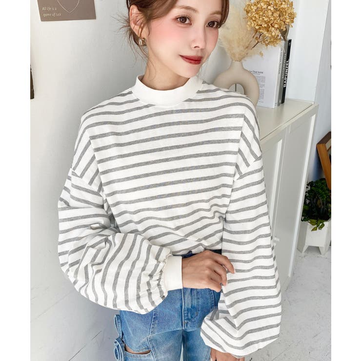 無地＆ボーダー モックネックボリュームスリーブロンT 綿100％ | moment+ | 詳細画像7 