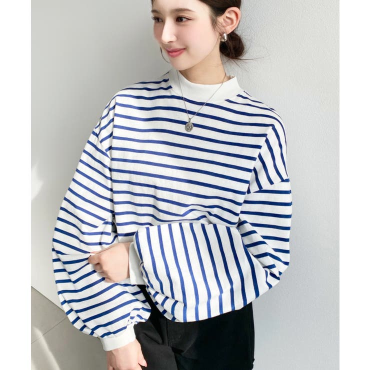 無地＆ボーダー モックネックボリュームスリーブロンT 綿100％ | moment+ | 詳細画像8 