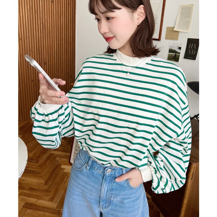 グリーン | 無地＆ボーダー モックネックボリュームスリーブロンT 綿100％ | moment+