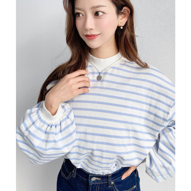 サックスブルー | 無地＆ボーダー モックネックボリュームスリーブロンT 綿100％ | moment+