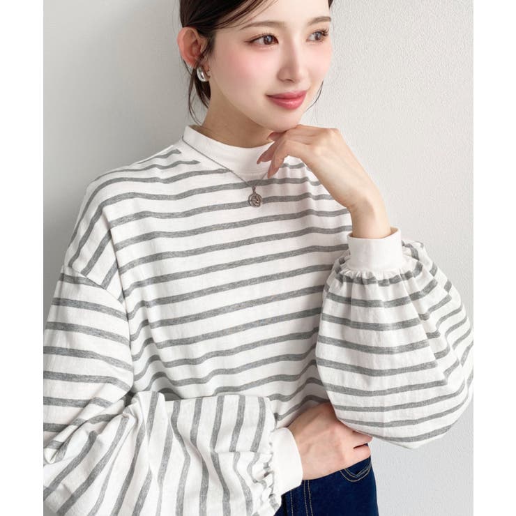 グレー | 無地＆ボーダー モックネックボリュームスリーブロンT 綿100％ | moment+