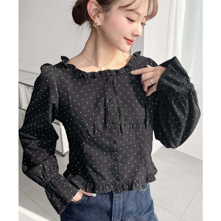 ブラック | 長袖キャンディスリーブコルセットブラウス スラブドット | moment+