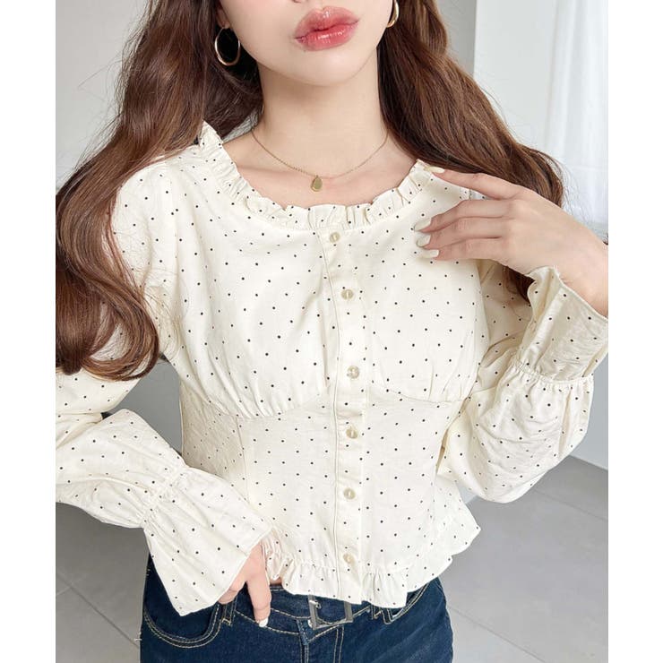 アイボリー | 長袖キャンディスリーブコルセットブラウス スラブドット | moment+