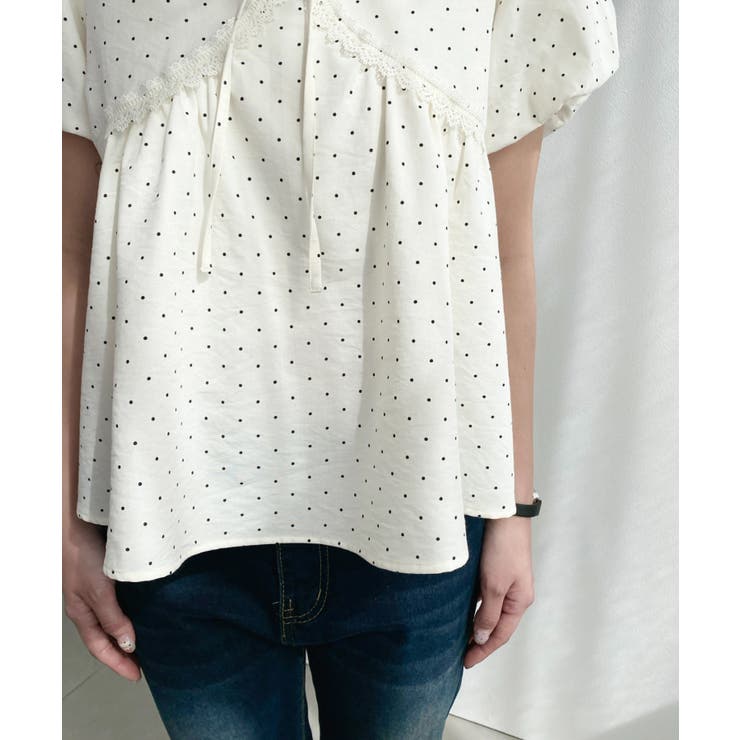 レース切替バルーンスリーブ半袖ペプラムブラウス スラブドット | moment+ | 詳細画像11 