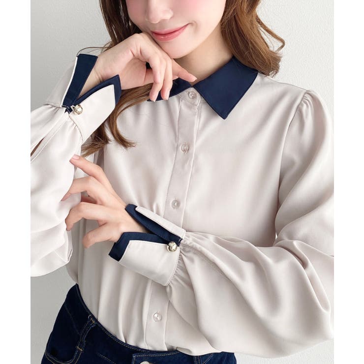 ライトベージュ | ＼オフィスでもお洒落に◎／バイカラー配色キャンディースリーブ長袖ブラウス | moment+