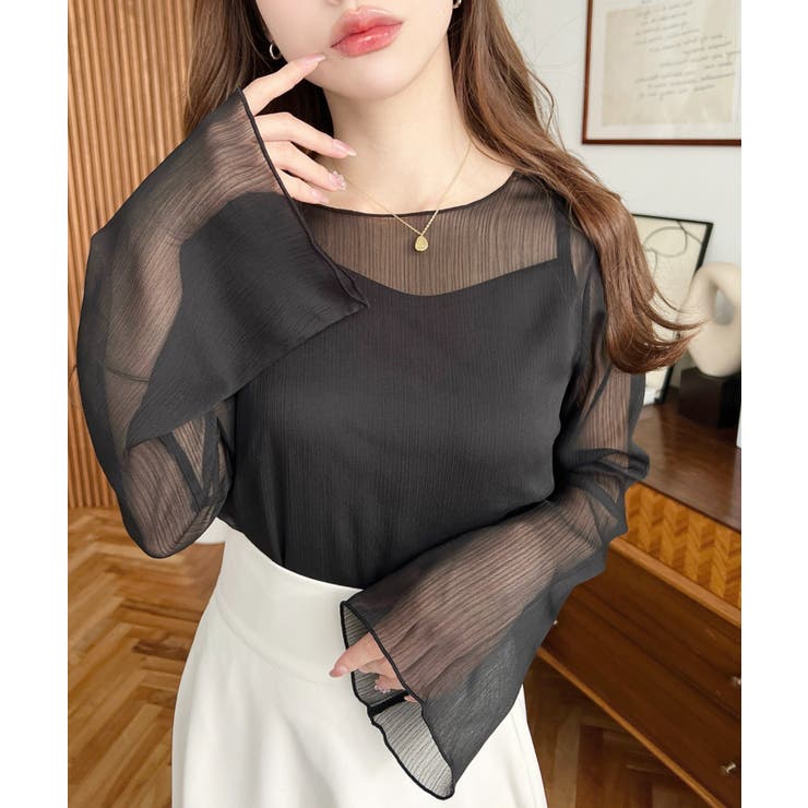 インナーキャミ付き長袖メロウ楊柳シアーブラウス | moment+ | 詳細画像16 