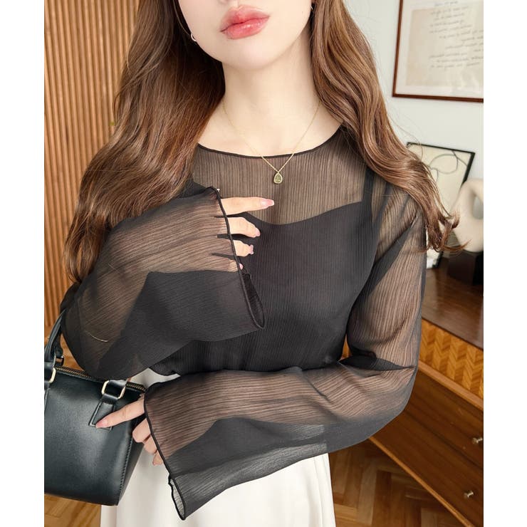 インナーキャミ付き長袖メロウ楊柳シアーブラウス | moment+ | 詳細画像17 