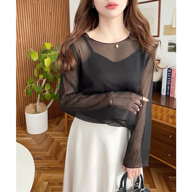 インナーキャミ付き長袖メロウ楊柳シアーブラウス | moment+ | 詳細画像18 