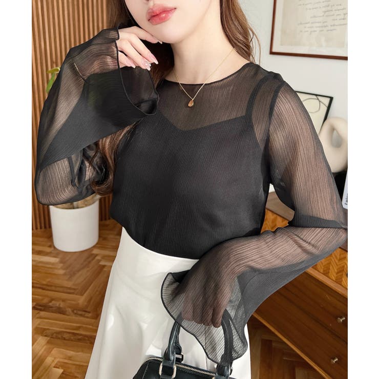 インナーキャミ付き長袖メロウ楊柳シアーブラウス | moment+ | 詳細画像19 