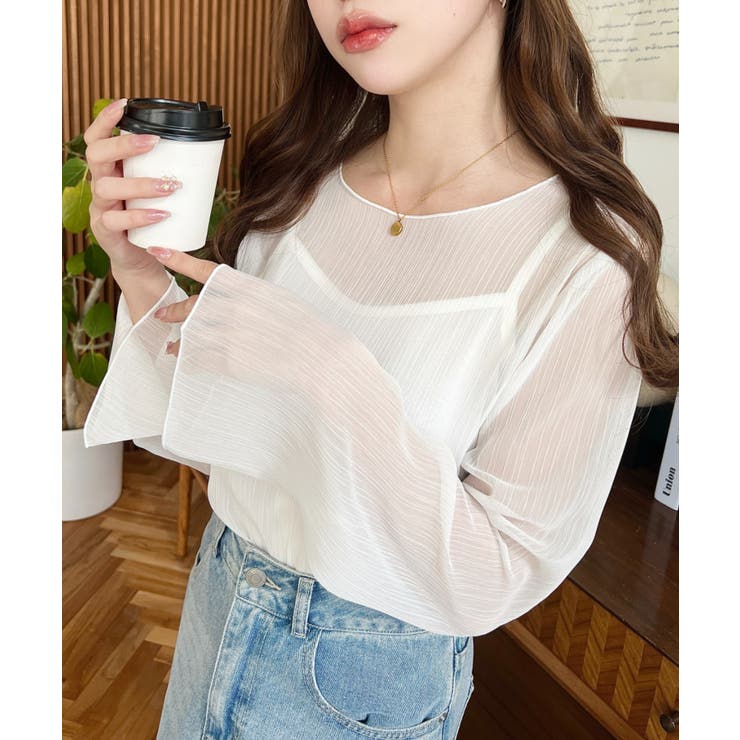 インナーキャミ付き長袖メロウ楊柳シアーブラウス | moment+ | 詳細画像2 