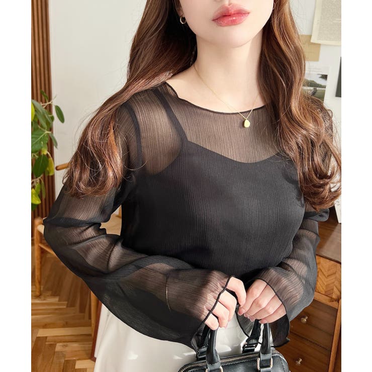 インナーキャミ付き長袖メロウ楊柳シアーブラウス | moment+ | 詳細画像20 