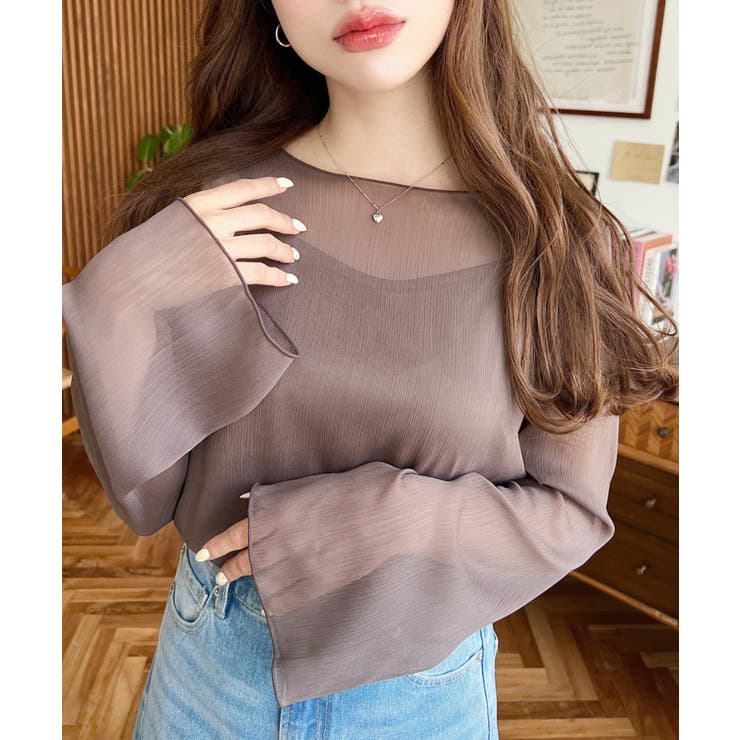 インナーキャミ付き長袖メロウ楊柳シアーブラウス | moment+ | 詳細画像21 