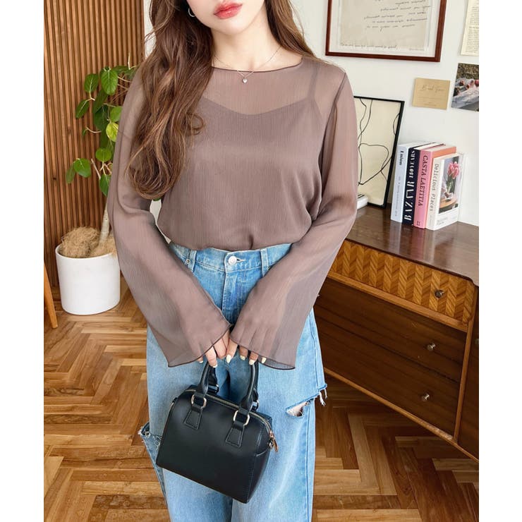 インナーキャミ付き長袖メロウ楊柳シアーブラウス | moment+ | 詳細画像25 