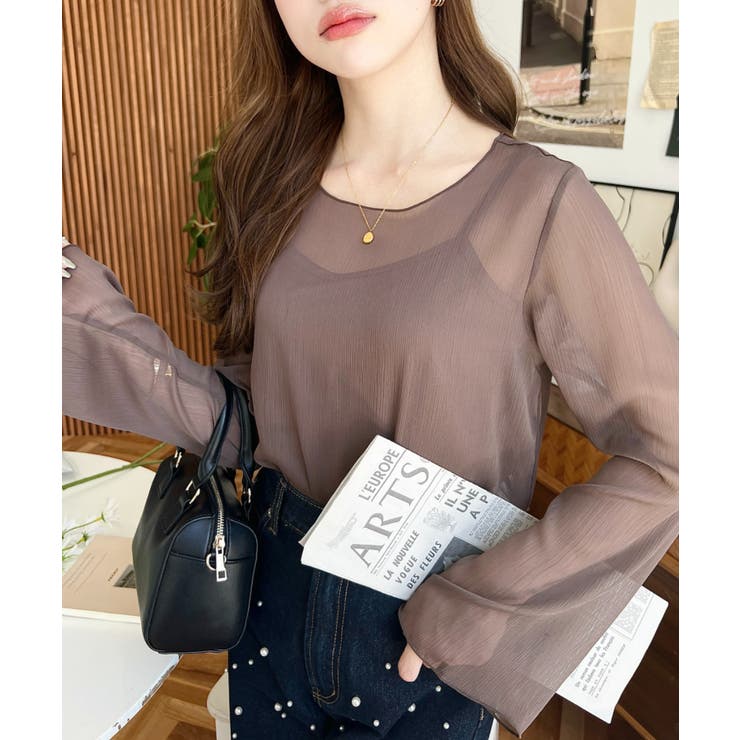 インナーキャミ付き長袖メロウ楊柳シアーブラウス | moment+ | 詳細画像27 