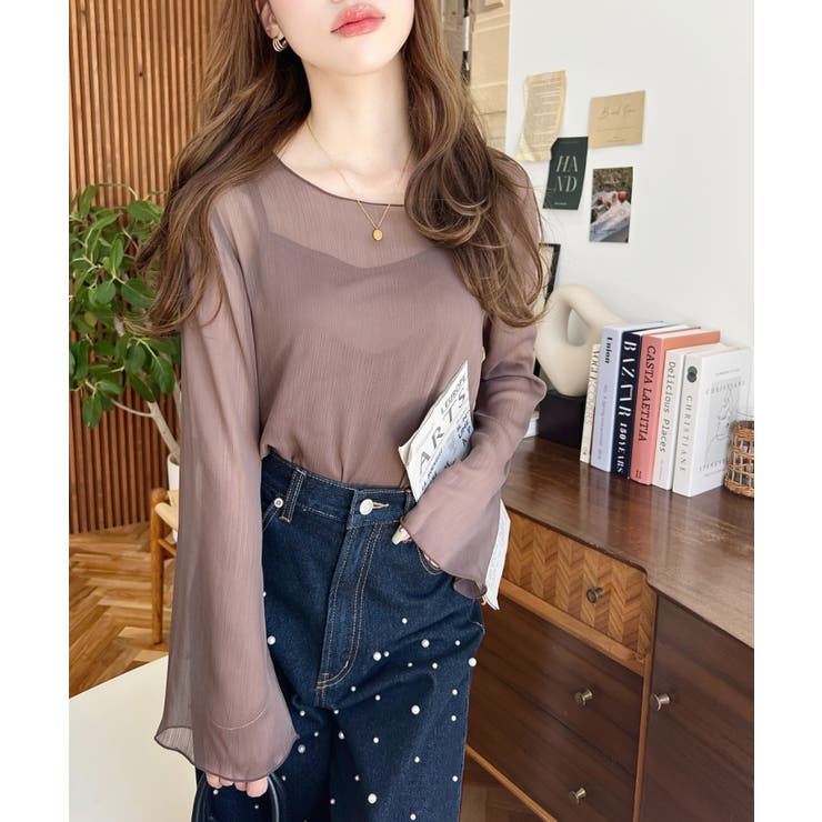 インナーキャミ付き長袖メロウ楊柳シアーブラウス | moment+ | 詳細画像28 