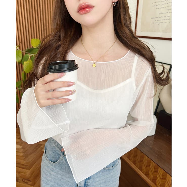 インナーキャミ付き長袖メロウ楊柳シアーブラウス | moment+ | 詳細画像3 