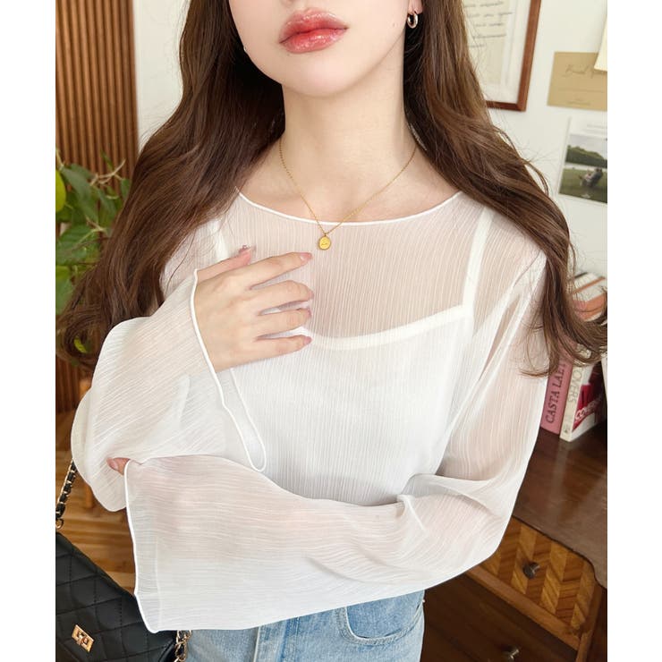 インナーキャミ付き長袖メロウ楊柳シアーブラウス | moment+ | 詳細画像5 