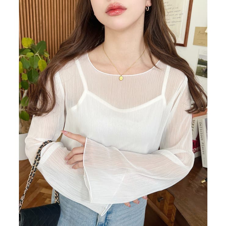 インナーキャミ付き長袖メロウ楊柳シアーブラウス | moment+ | 詳細画像6 