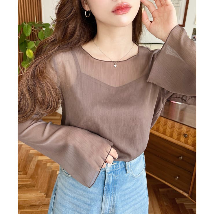 ブラウン | インナーキャミ付き長袖メロウ楊柳シアーブラウス | moment+