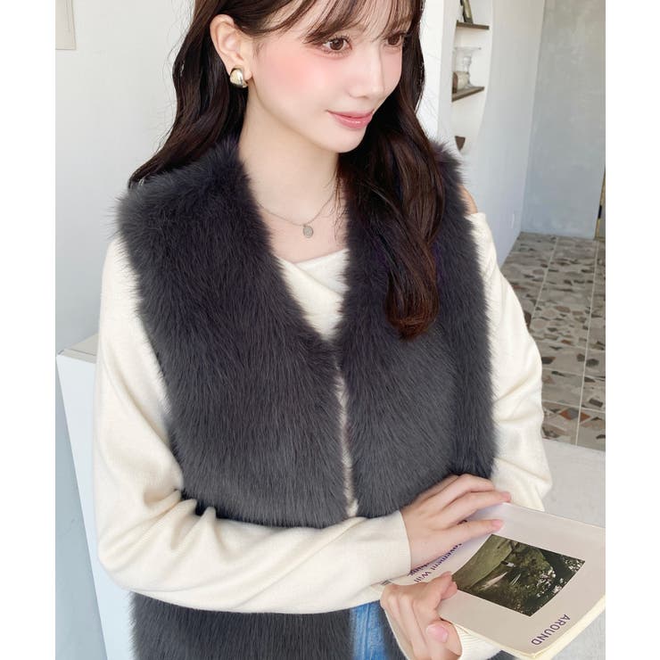 Vネックロングフェイクファーベスト | moment+ | 詳細画像16 
