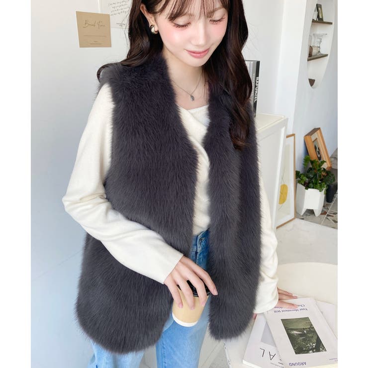 Vネックロングフェイクファーベスト | moment+ | 詳細画像20 
