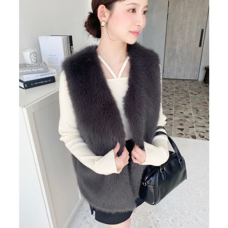 Vネックロングフェイクファーベスト | moment+ | 詳細画像23 