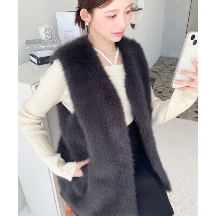 Vネックロングフェイクファーベスト | moment+ | 詳細画像25 