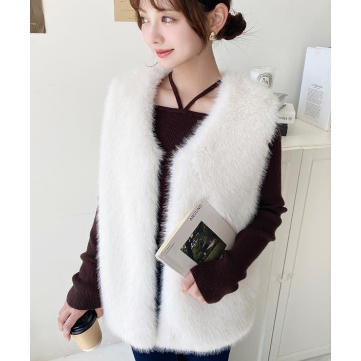 Vネックロングフェイクファーベスト | moment+ | 詳細画像3 
