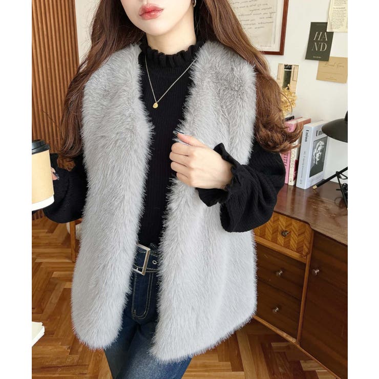 Vネックロングフェイクファーベスト | moment+ | 詳細画像31 