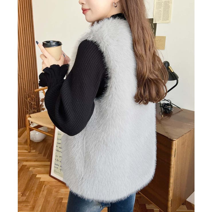 Vネックロングフェイクファーベスト | moment+ | 詳細画像33 