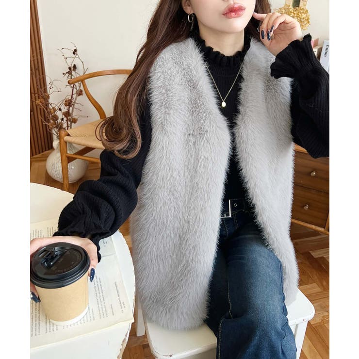 【送料無料】ファーベストブラックセットアップ サイズ38 iiMK pure Sov. / ミンクフェイクファーベスト OUTERS Night STORE | ダブル