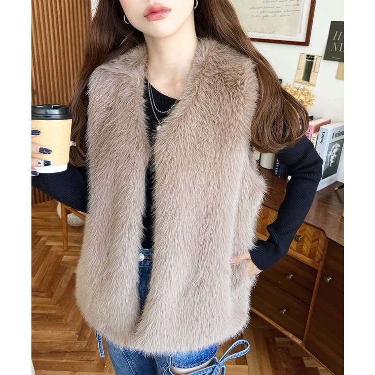 Vネックロングフェイクファーベスト | moment+ | 詳細画像36 