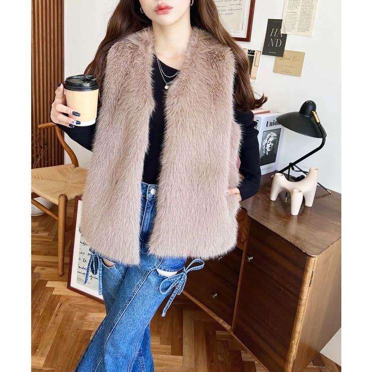 Vネックロングフェイクファーベスト | moment+ | 詳細画像37 