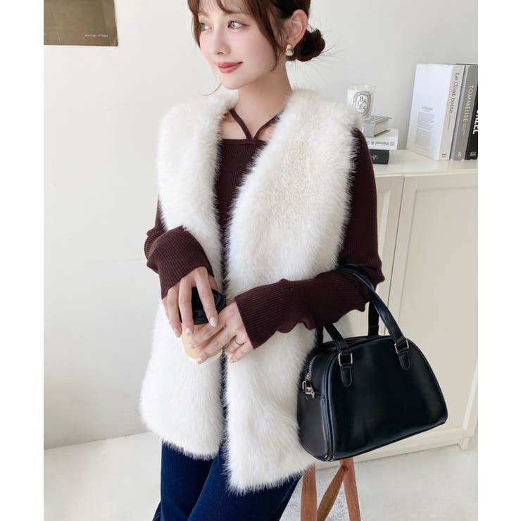 Vネックロングフェイクファーベスト | moment+ | 詳細画像4 