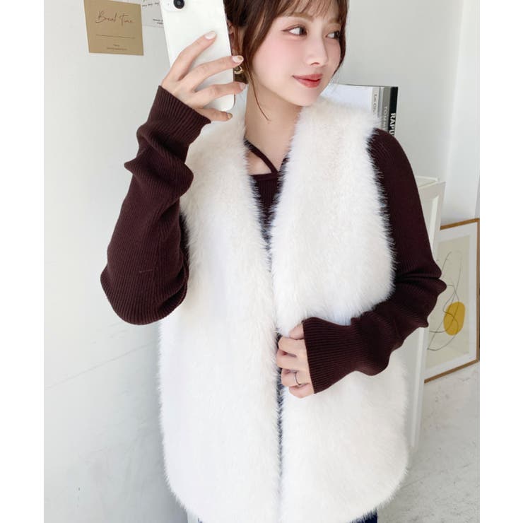 Vネックロングフェイクファーベスト | moment+ | 詳細画像6 