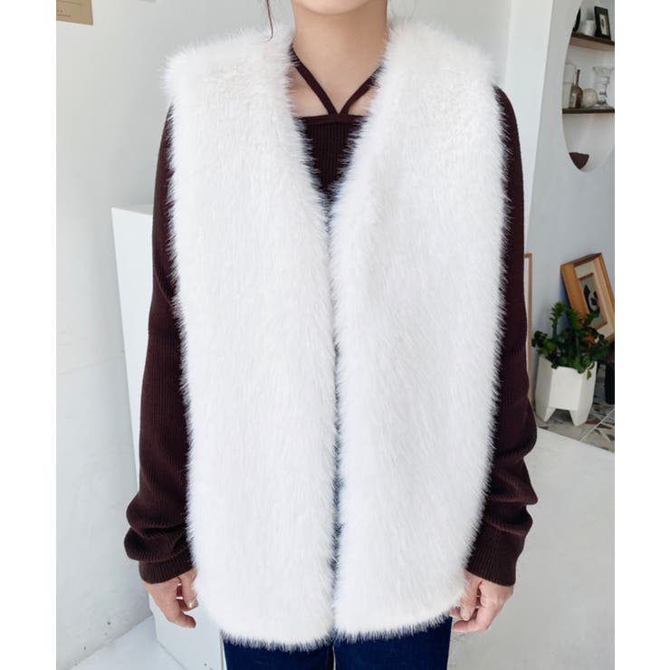 Vネックロングフェイクファーベスト | moment+ | 詳細画像7 