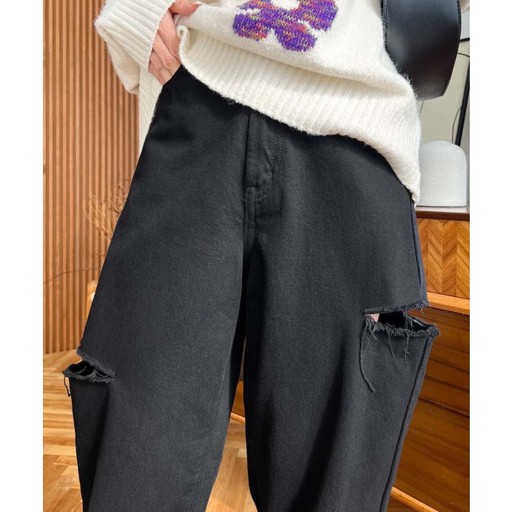 ブラック | ヘビーツイル&デニムダメージストレートパンツ | moment+