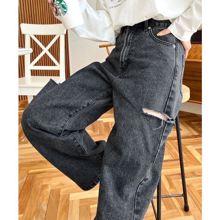 ブラック系その他 | ヘビーツイル&デニムダメージストレートパンツ | moment+